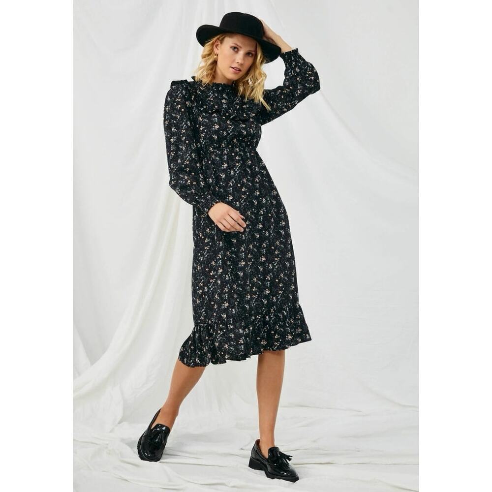 HAYDEN LA NWT Black Ruffle Detail Midi Dress Ditzy Floral Print size Large